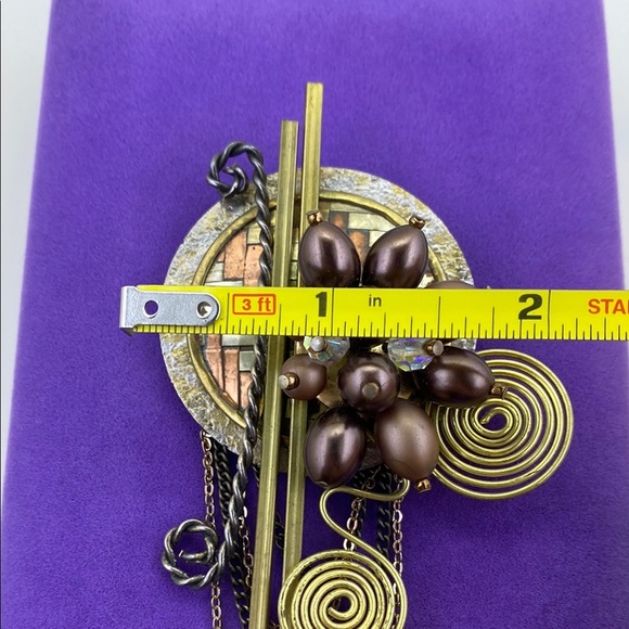 💛 Vintage Handmade Gold Crystal & Brown Pearl Brooch - Picture 3 of 5